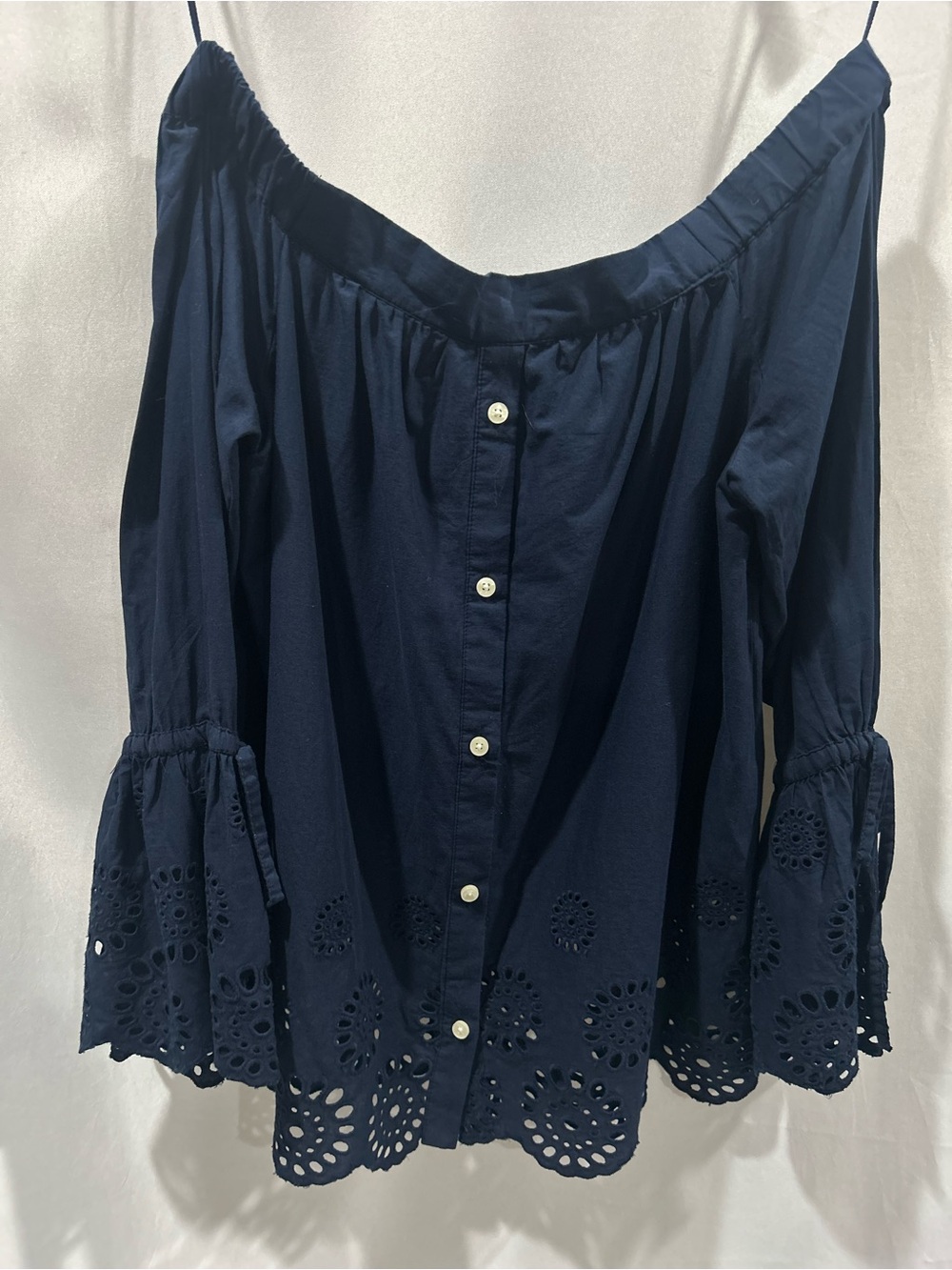 Anthropologie Isabella Sinclair Navy Off-Shoulder Eyelet Bell-Sleeve Blouse